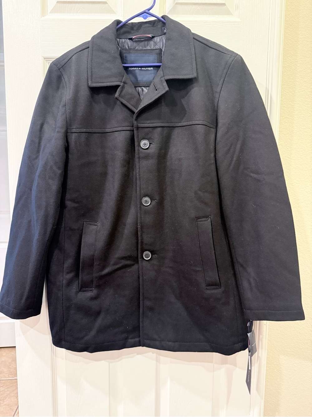 Tommy Hilfiger Men's Black Wool Pea Coat with Notch Collar